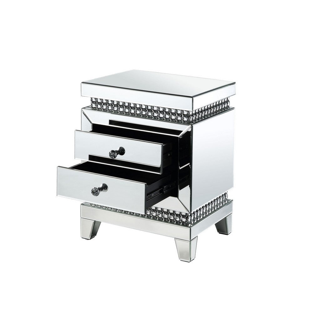 2 Drawer Mirror Inlay Accent Table with Faux Crystal Accents Silver BM238107