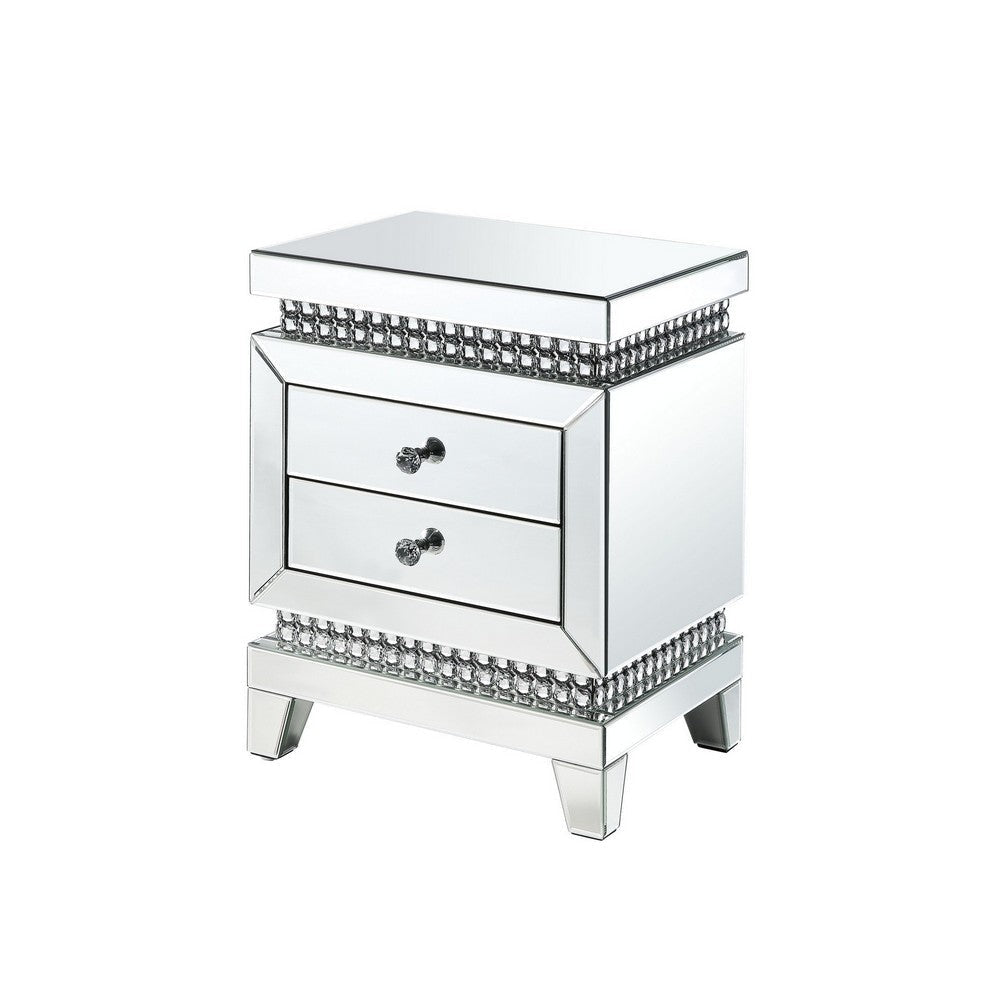 2 Drawer Mirror Inlay Accent Table with Faux Crystal Accents, Silver