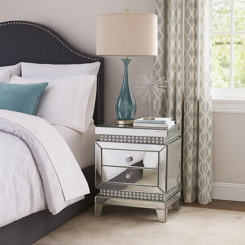 2 Drawer Mirror Inlay Accent Table with Faux Crystal Accents, Silver