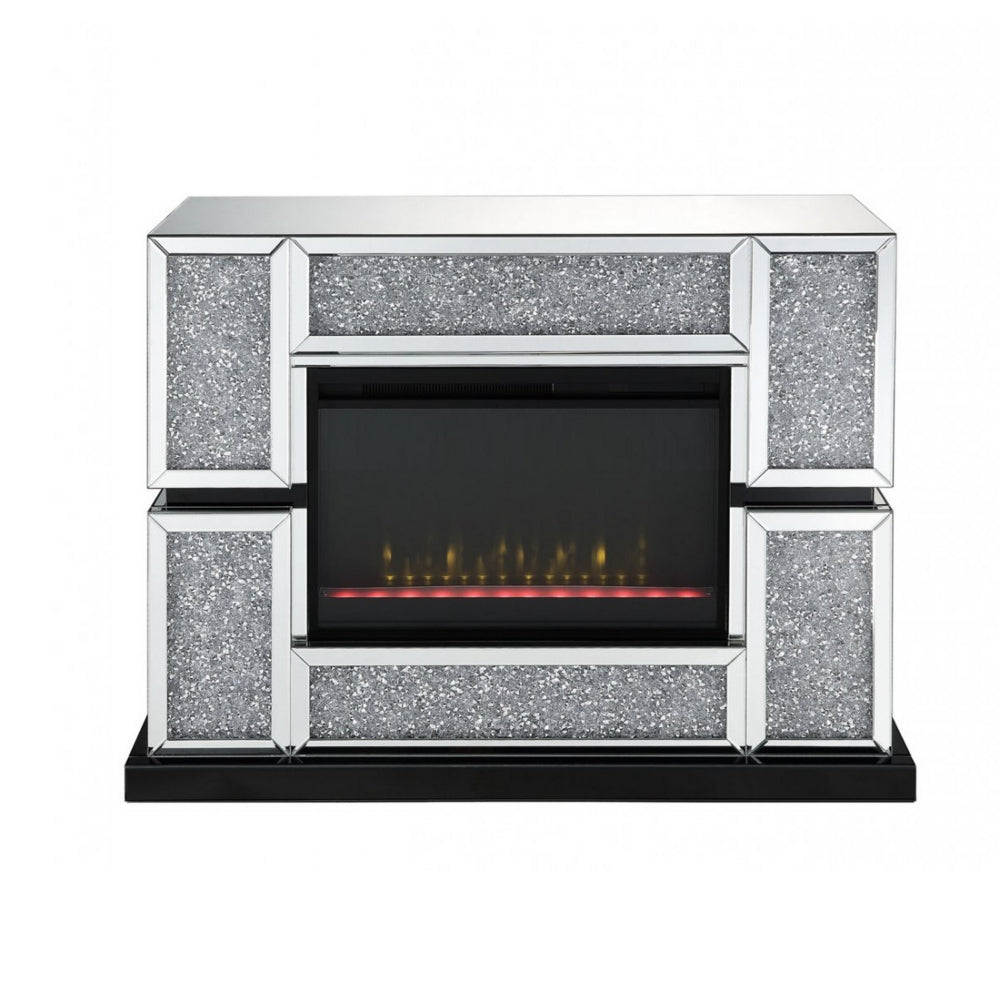 Electric Fireplace with Mirror Panel Framing and Faux Crystals Inlay,Silver By Casagear Home
