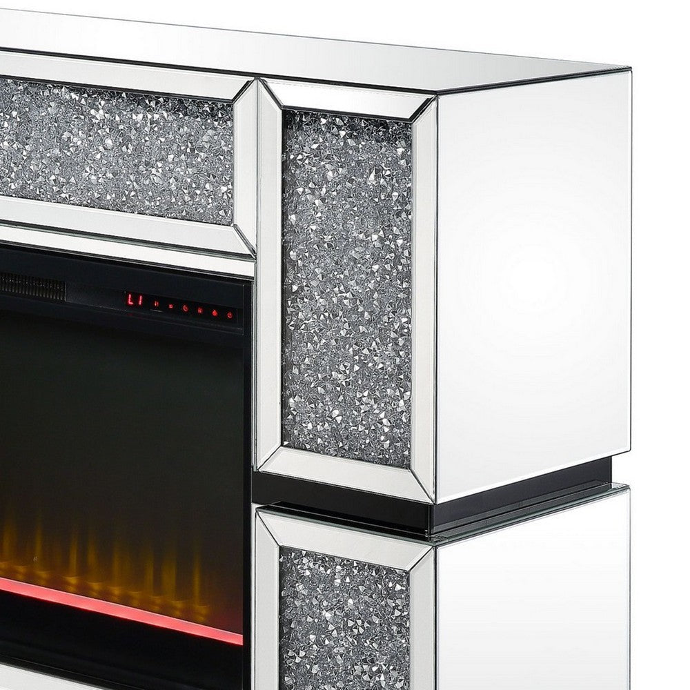 Electric Fireplace with Mirror Panel Framing and Faux Crystals Inlay,Silver BM238110