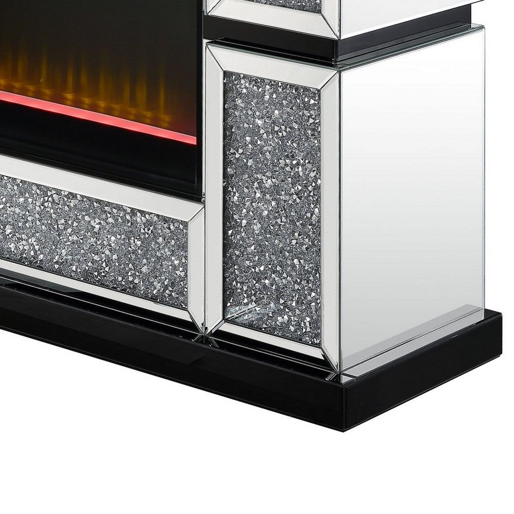 Electric Fireplace with Mirror Panel Framing and Faux Crystals Inlay,Silver BM238110