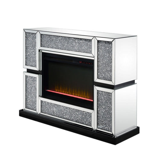 Electric Fireplace with Mirror Panel Framing and Faux Crystals Inlay,Silver