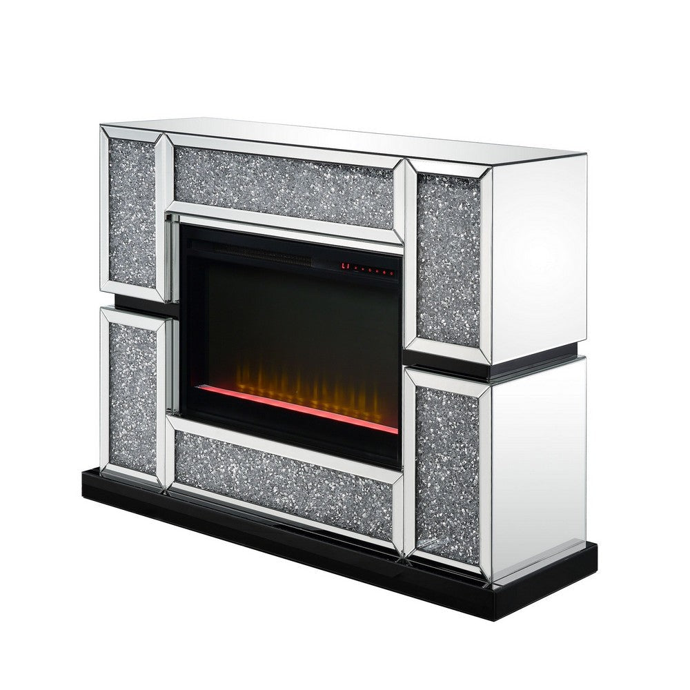 Electric Fireplace with Mirror Panel Framing and Faux Crystals Inlay,Silver