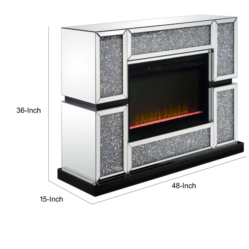 Electric Fireplace with Mirror Panel Framing and Faux Crystals Inlay,Silver By Casagear Home