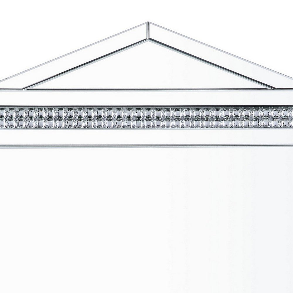 Rectangular Mirror Wall Decor with Faux Crystals and Triangular Top, Silver