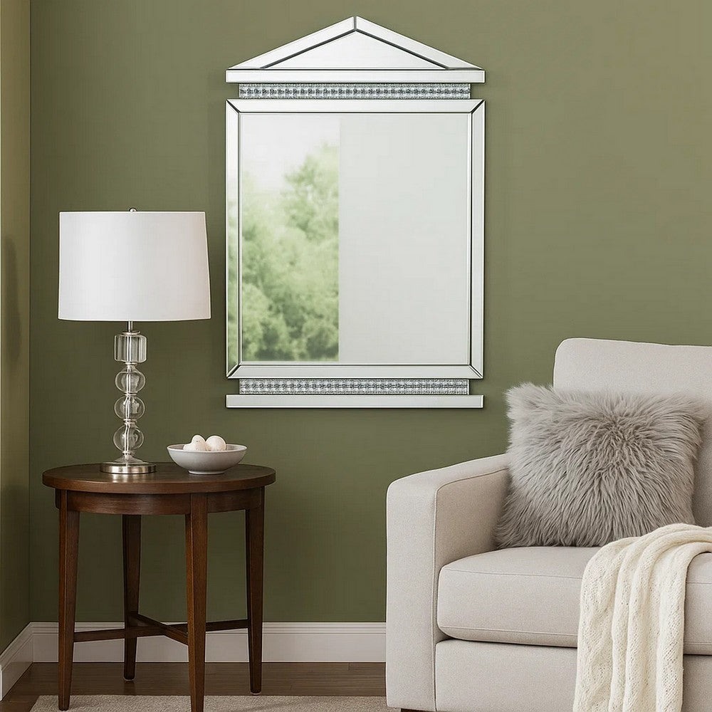 Rectangular Mirror Wall Decor with Faux Crystals and Triangular Top, Silver