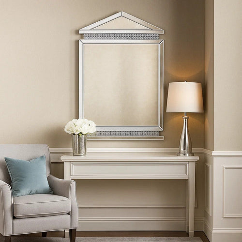 Rectangular Mirror Wall Decor with Faux Crystals and Triangular Top, Silver