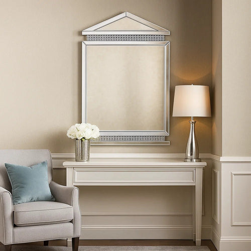 Rectangular Mirror Wall Decor with Faux Crystals and Triangular Top, Silver