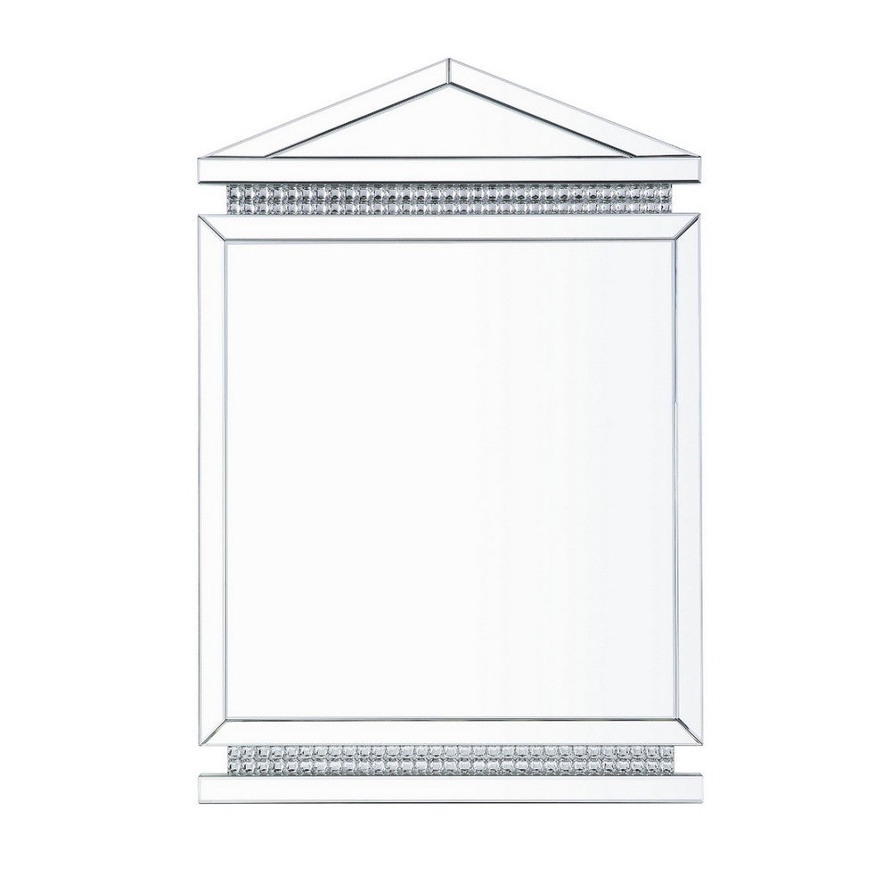 Rectangular Mirror Wall Decor with Faux Crystals and Triangular Top, Silver