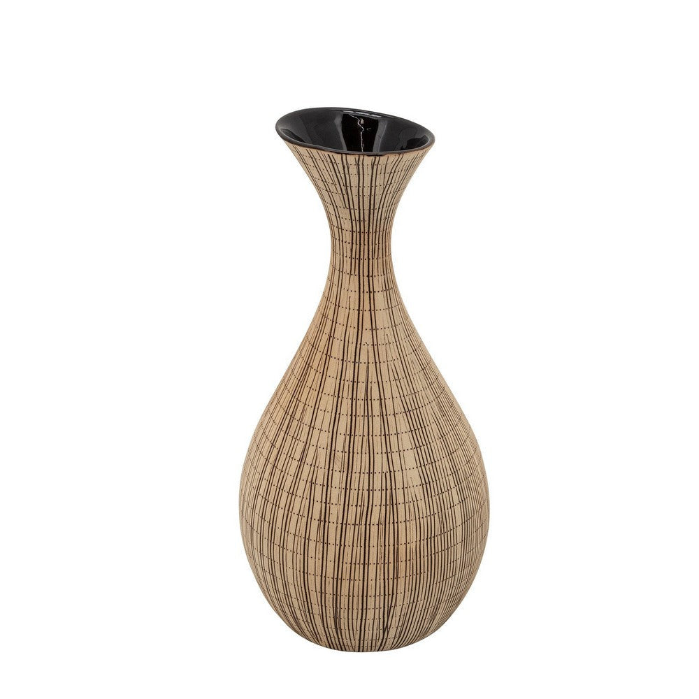 Pot Bellied Shape Ceramic Vase with Sleek Flared Neck, Beige By Casagear Home