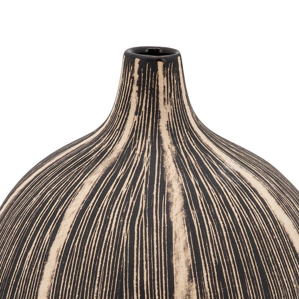 Bellied Shape Ceramic Vase with Textured Lines Brown By Casagear Home BM238124