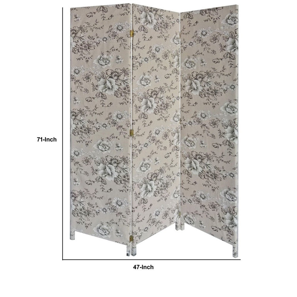 Room Divider | 71" | 3 Panel Fabric | Floral Print | Gray