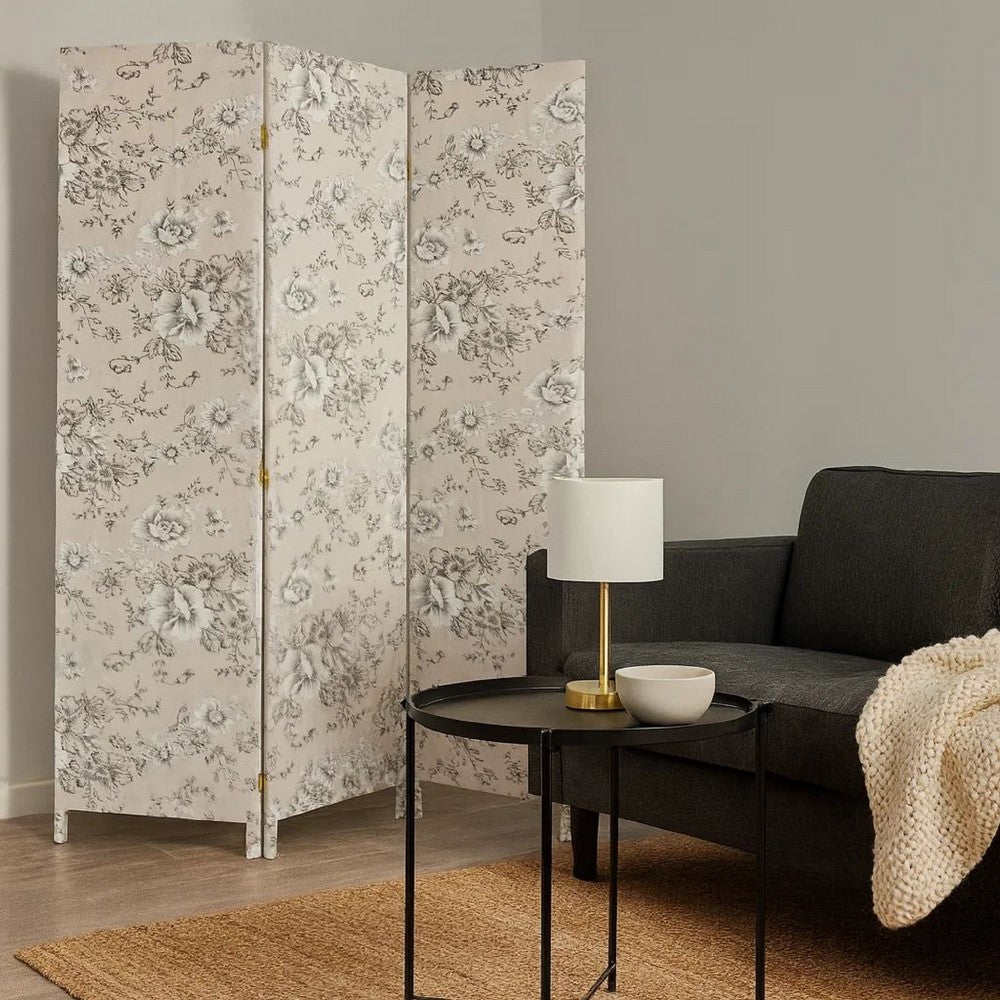 Room Divider | 71" | 3 Panel Fabric | Floral Print | Gray