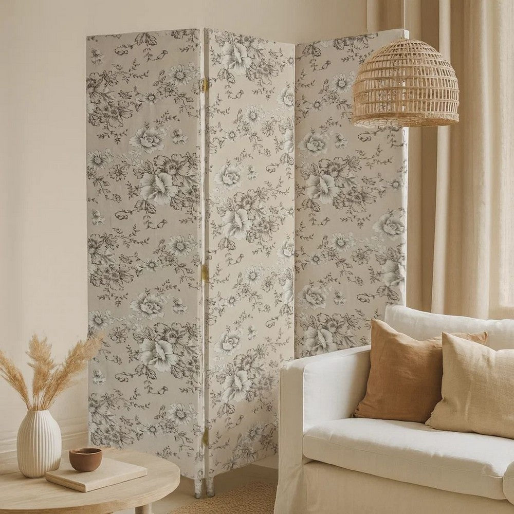 Room Divider | 71" | 3 Panel Fabric | Floral Print | Gray