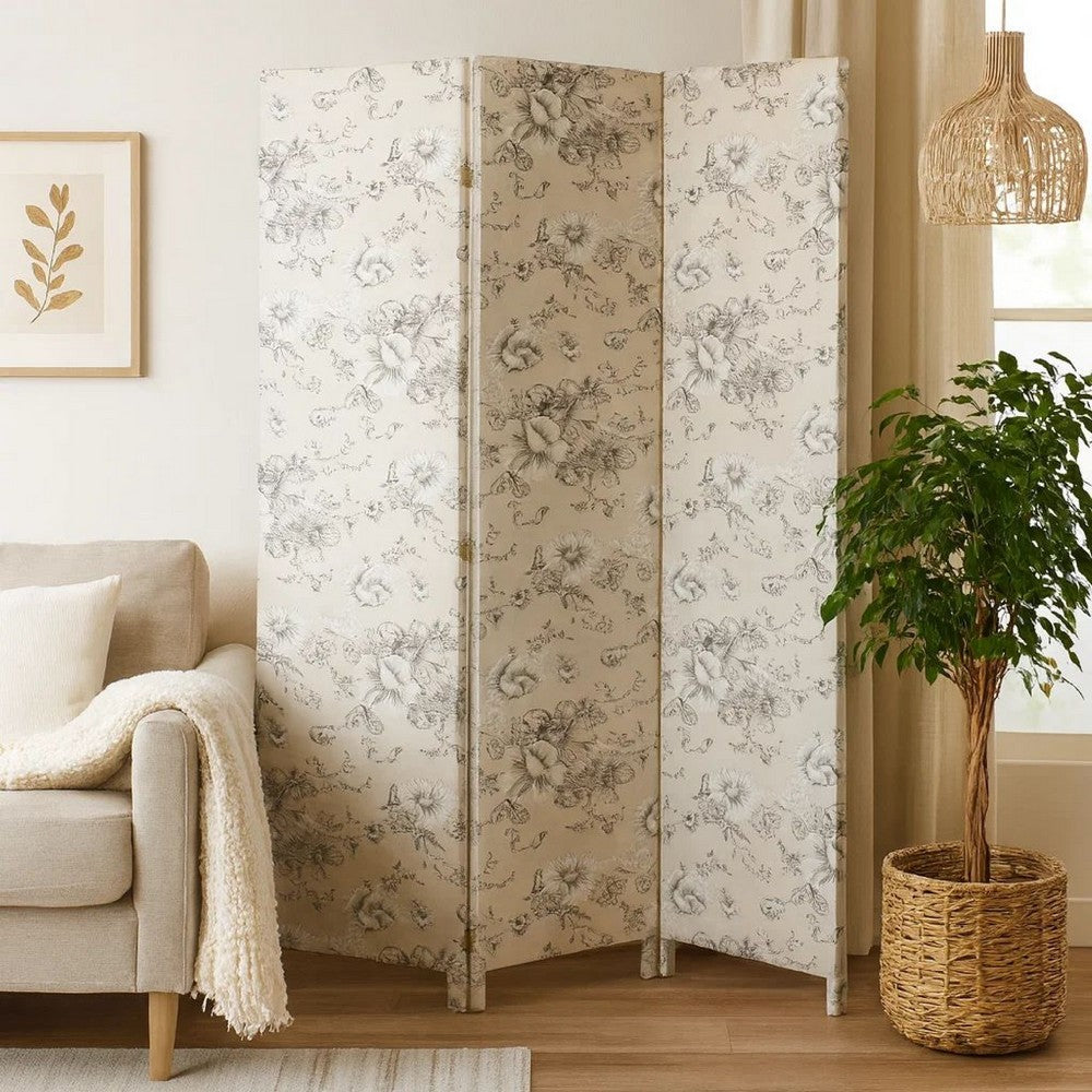Room Divider | 71" | 3 Panel Fabric | Floral Print | Gray