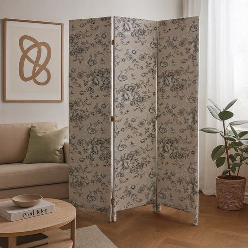 Room Divider | 71" | 3 Panel Fabric | Floral Print | Gray
