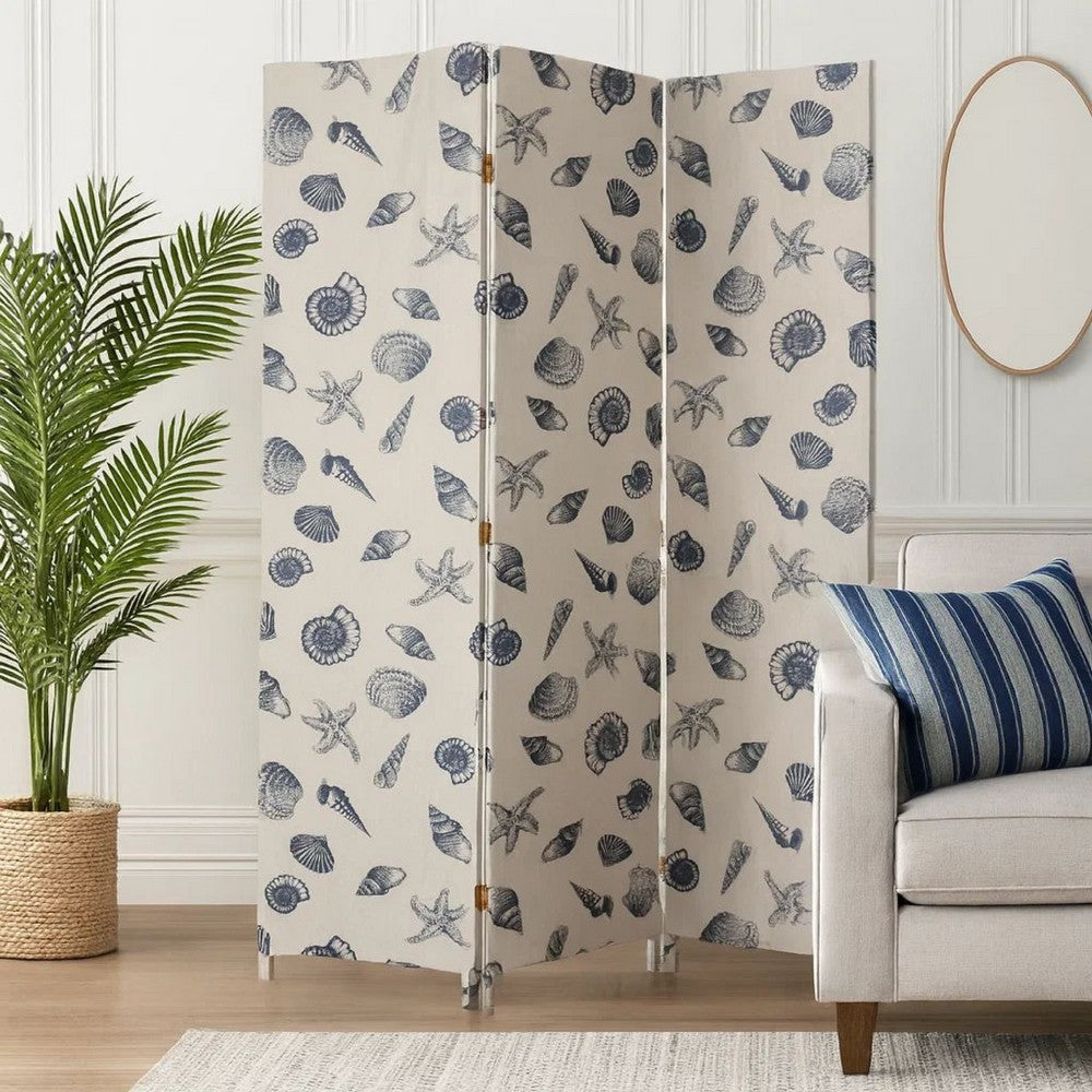 71 Inch 3 Panel Fabric Room Divider with Seashell Print, Blue