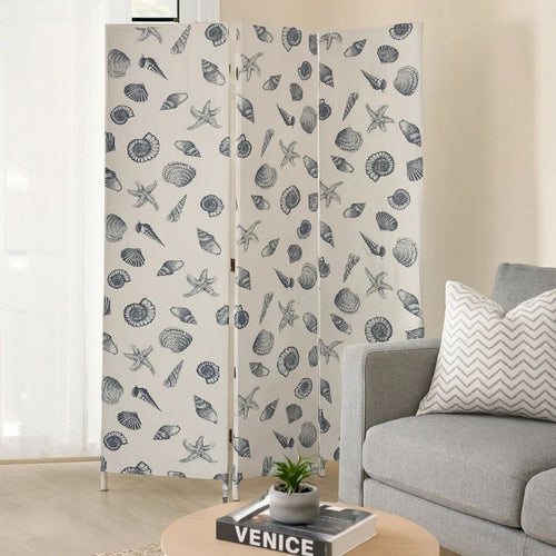 71 Inch 3 Panel Fabric Room Divider with Seashell Print, Blue