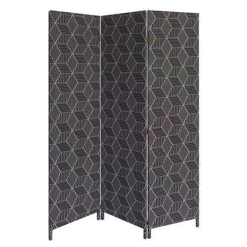 71 Inch 3 Panel Fabric Room Divider with Geometric Print, Black