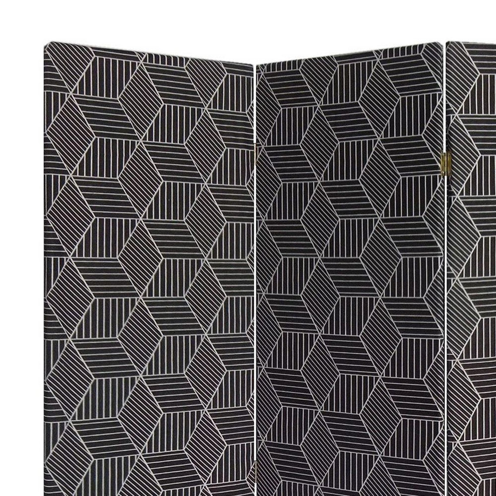 71 Inch 3 Panel Fabric Room Divider with Geometric Print Black BM238284