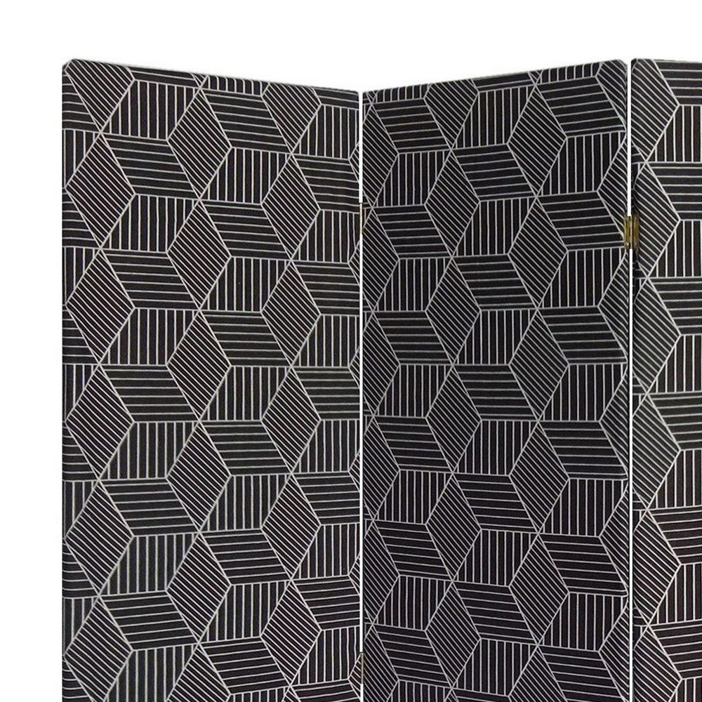 71 Inch 3 Panel Fabric Room Divider with Geometric Print, Black