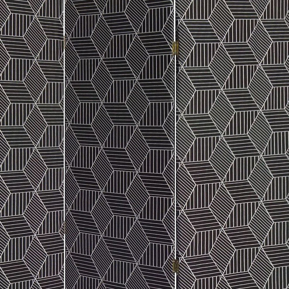 71 Inch 3 Panel Fabric Room Divider with Geometric Print Black BM238284