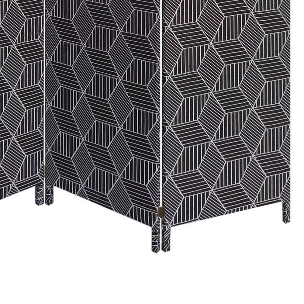 71 Inch 3 Panel Fabric Room Divider with Geometric Print, Black