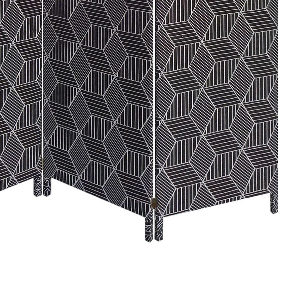 71 Inch 3 Panel Fabric Room Divider with Geometric Print Black BM238284
