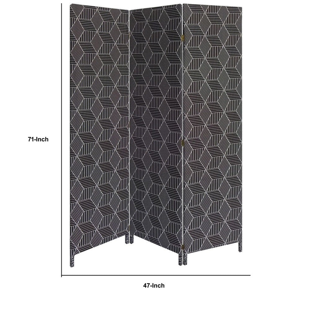 71 Inch 3 Panel Fabric Room Divider with Geometric Print Black BM238284