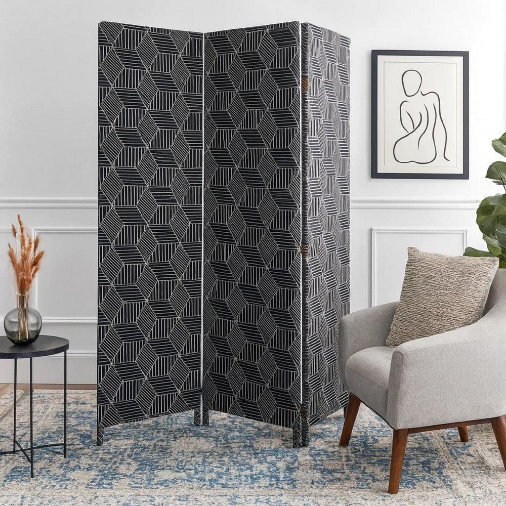 71 Inch 3 Panel Fabric Room Divider with Geometric Print, Black