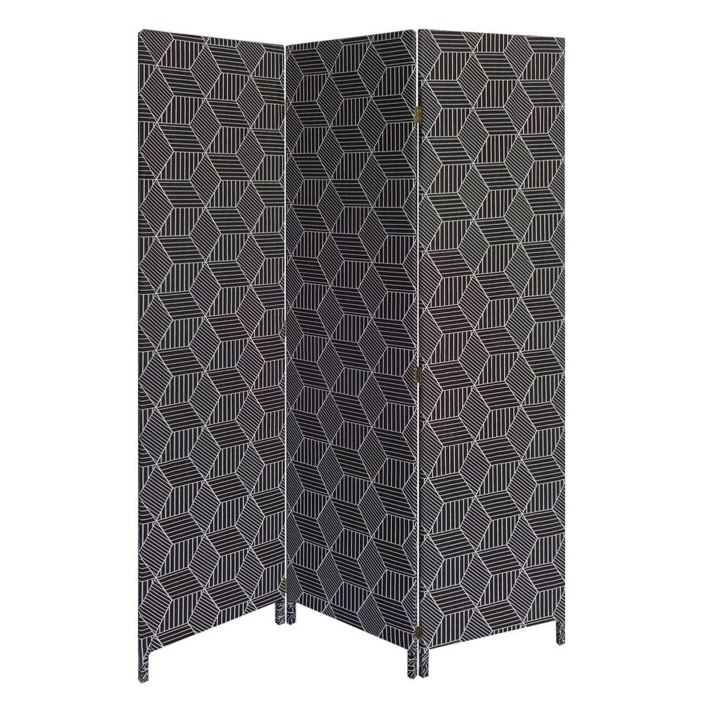 71 Inch 3 Panel Fabric Room Divider with Geometric Print, Black