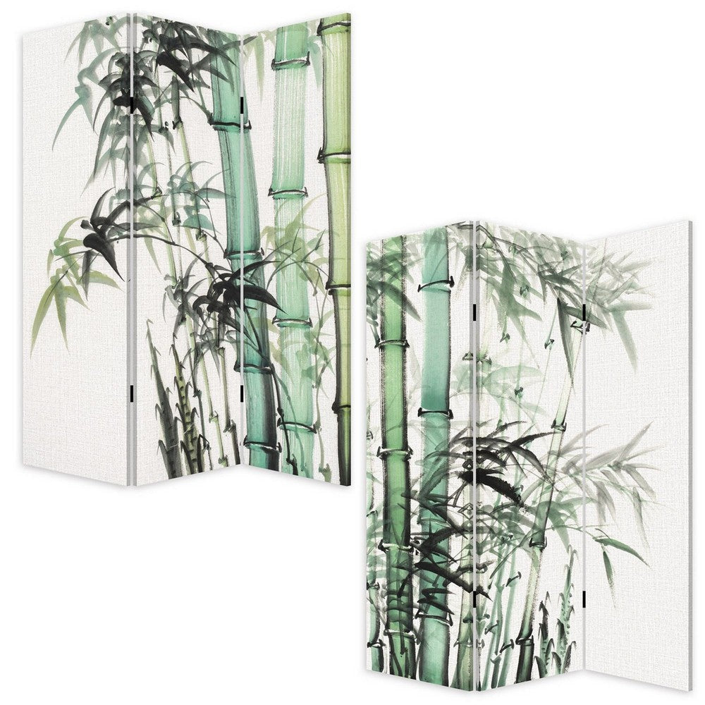 72 Inch 3 Panel Canvas Room Divider with Bamboo Print,Multicolor BM238286