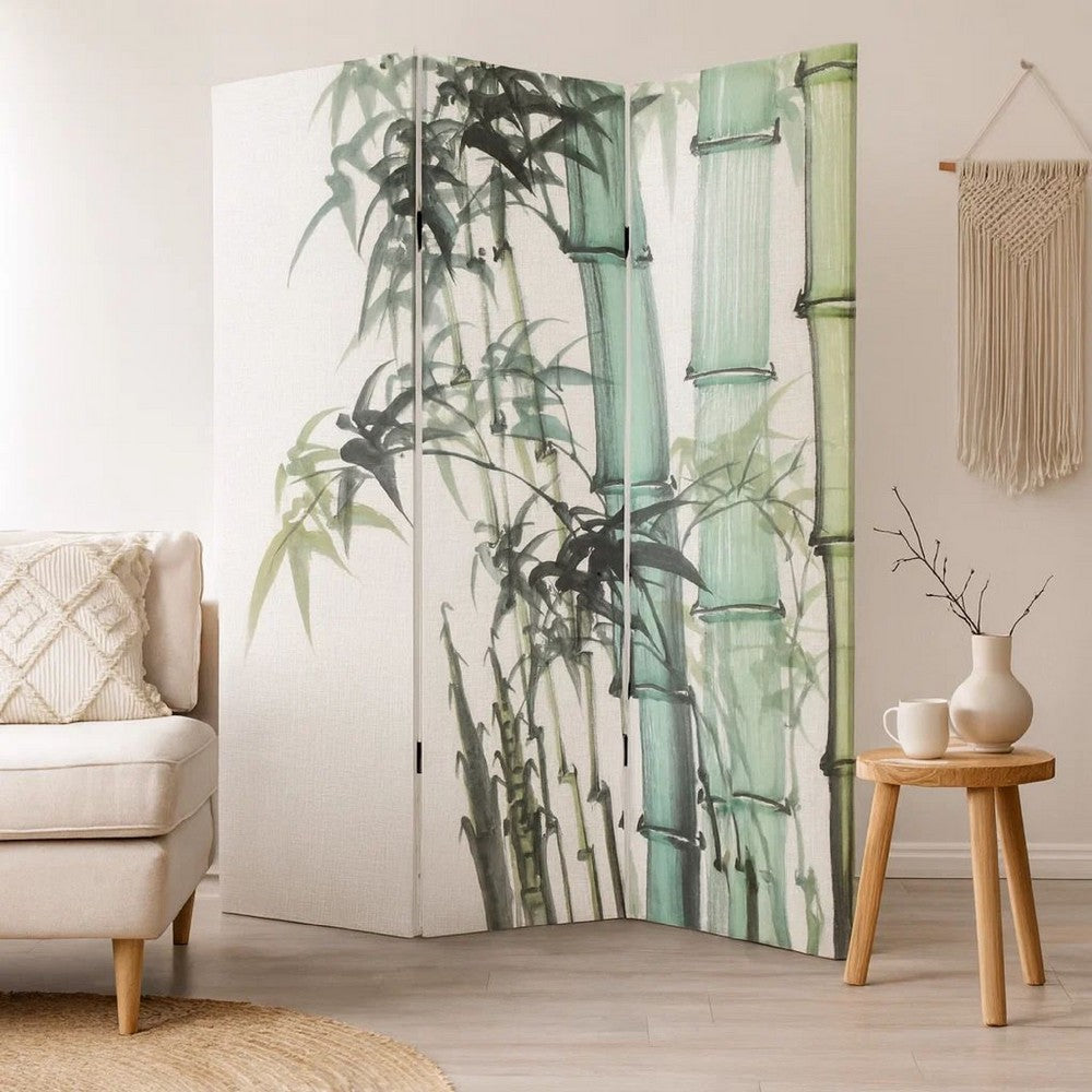 72 Inch 3 Panel Canvas Room Divider with Bamboo Print,Multicolor