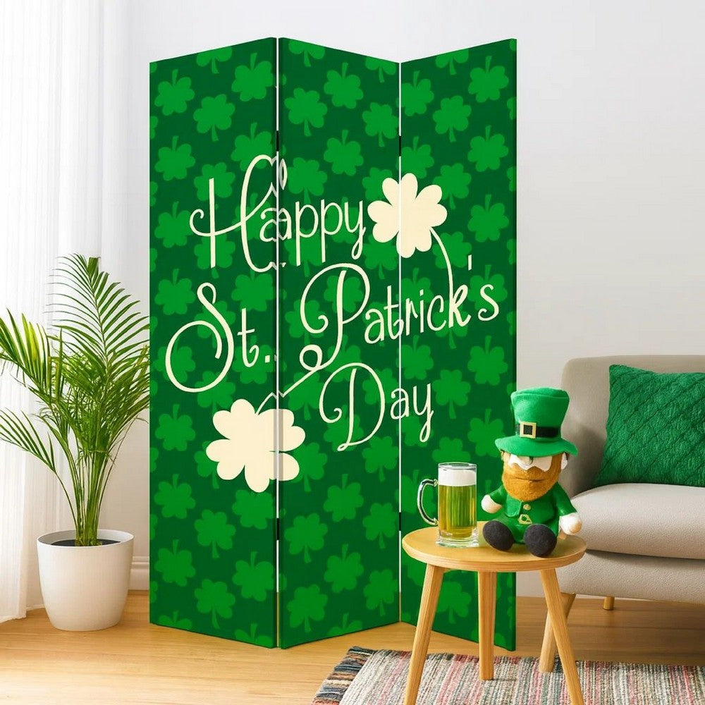 72 Inch 3 Panel Canvas St Patricks Day Print Room Divider,Green