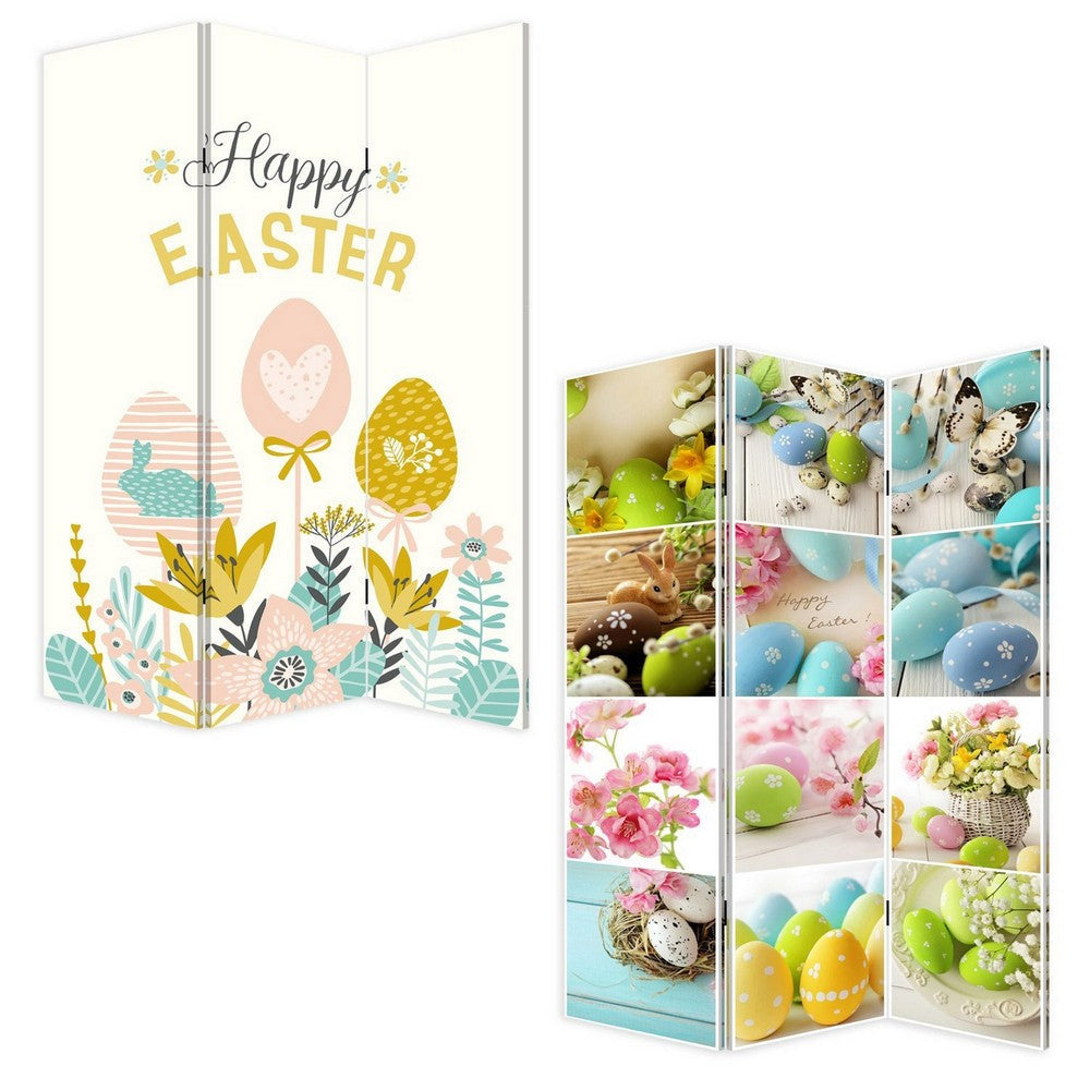 72 Inch 3 Panel Canvas Room Divider with Easter Print,Multicolor BM238288