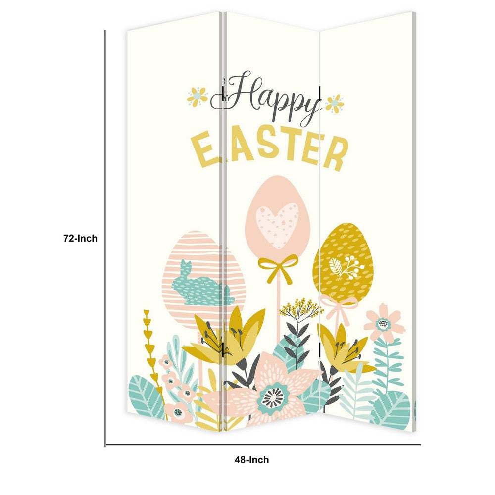 72 Inch 3 Panel Canvas Room Divider with Easter Print,Multicolor BM238288