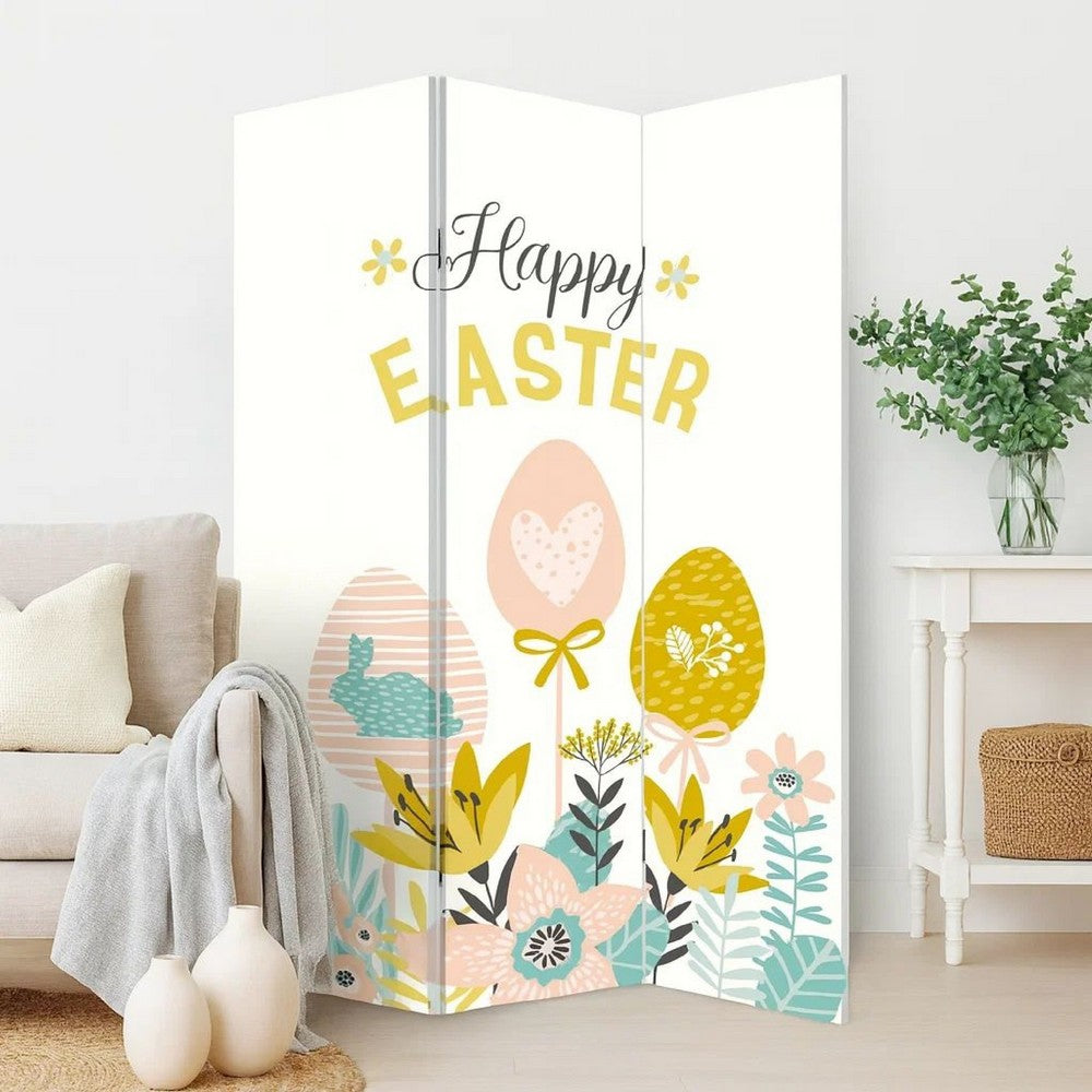 72 Inch 3 Panel Canvas Room Divider with Easter Print,Multicolor