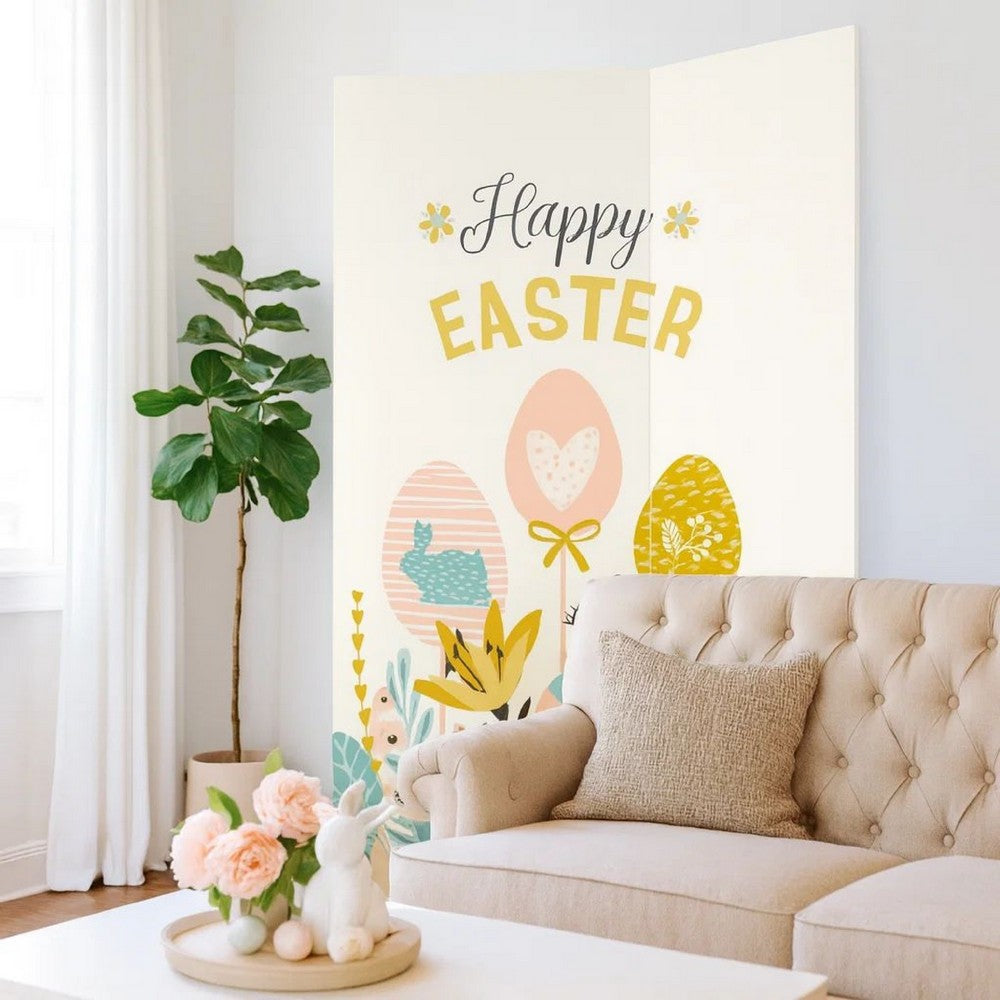 72 Inch 3 Panel Canvas Room Divider with Easter Print,Multicolor