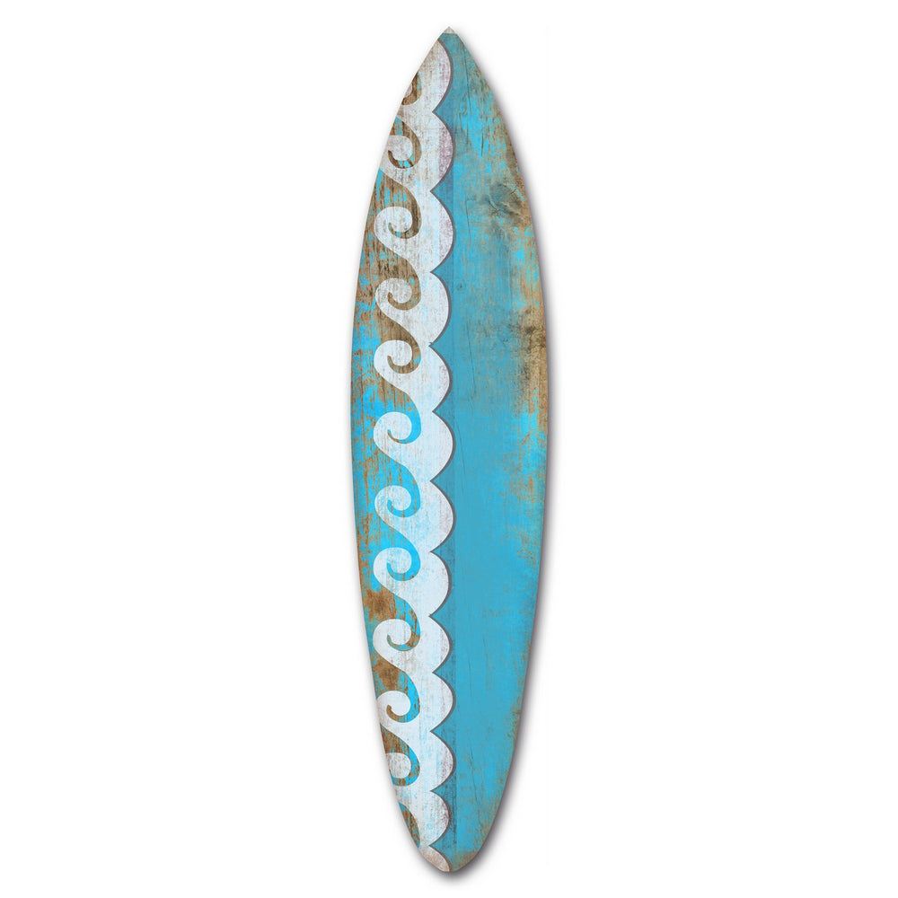 76 Inch Wooden Surfboard Wall Decor with Wave Prints, Blue By Casagear Home