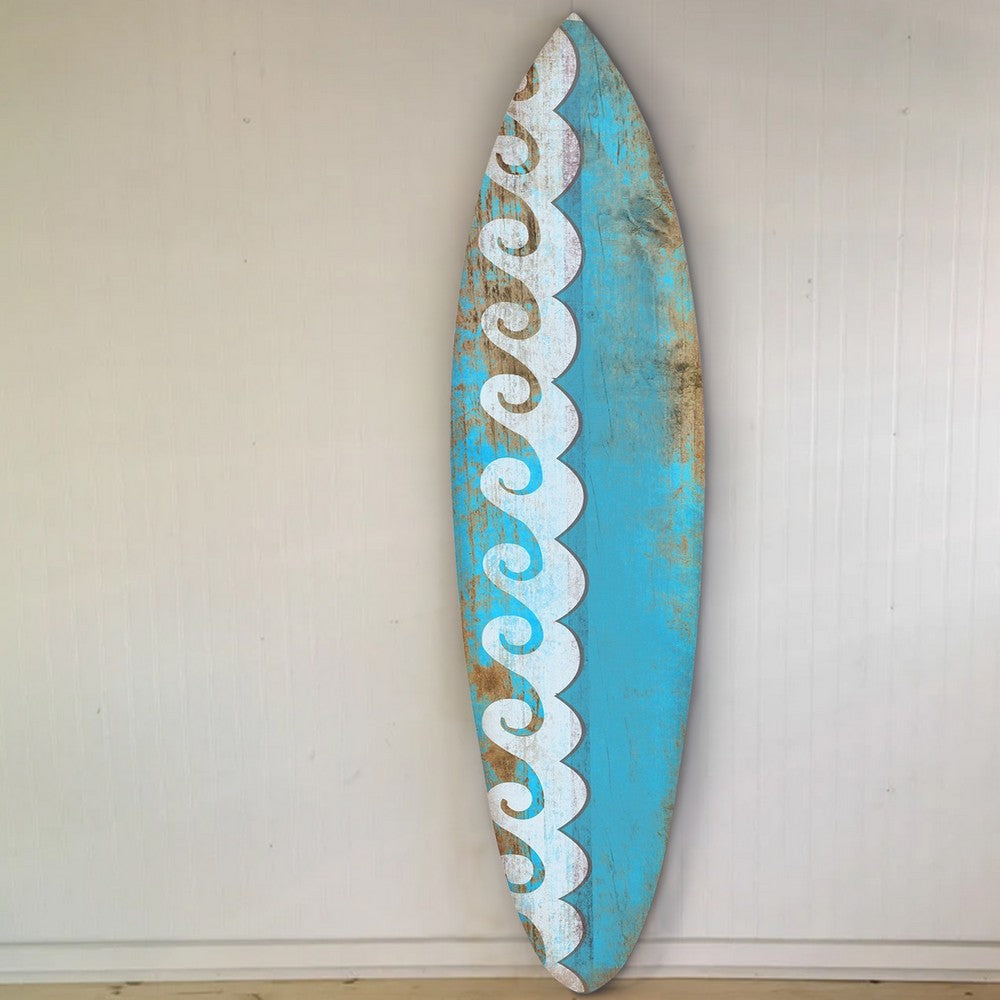 76 Inch Wooden Surfboard Wall Decor with Wave Prints, Blue By Casagear Home