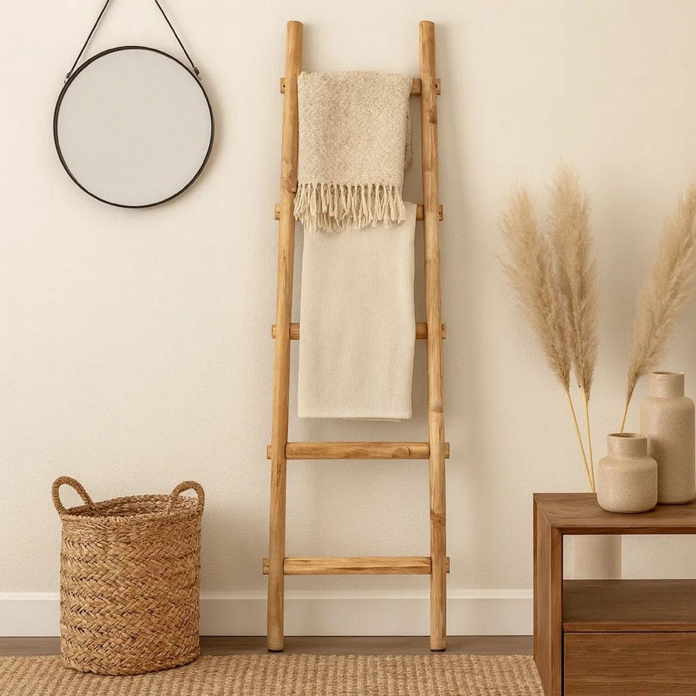 59 Inch Wooden Decorative Ladder with 5 Steps, Brown