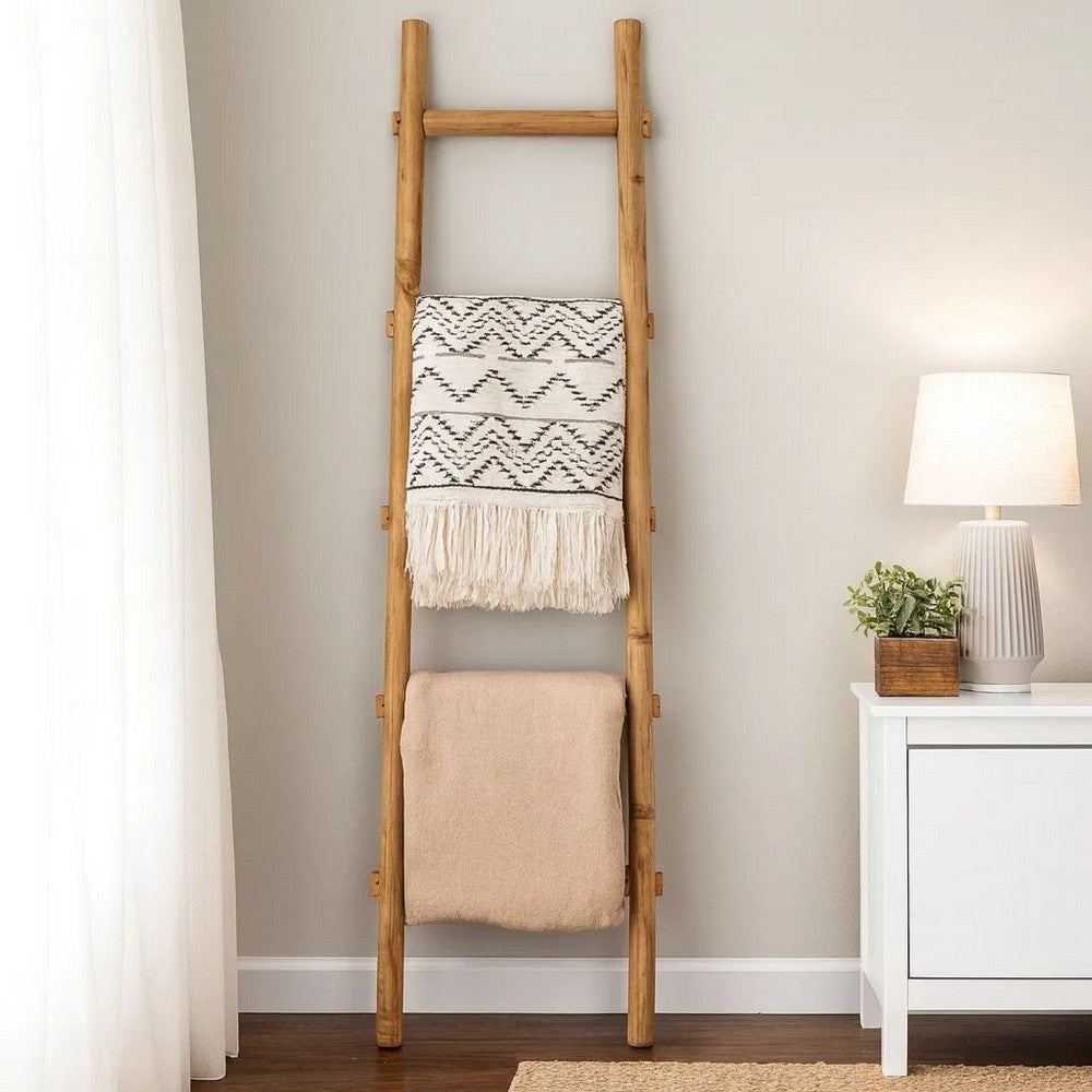 59 Inch Wooden Decorative Ladder with 5 Steps, Brown