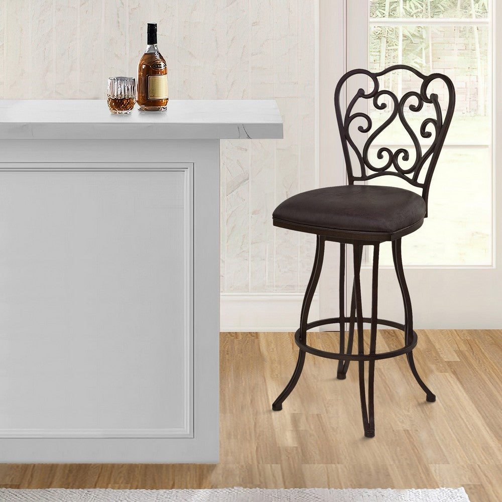 Barstool | Open Back | Scroll Design | Fabric Seat | Gray
