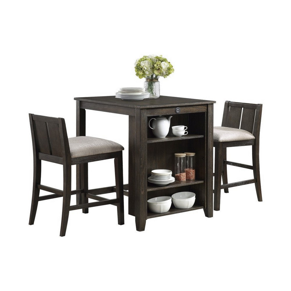 3 Piece Counter Height Set | Wood Panel Back Chairs | USB | Brown