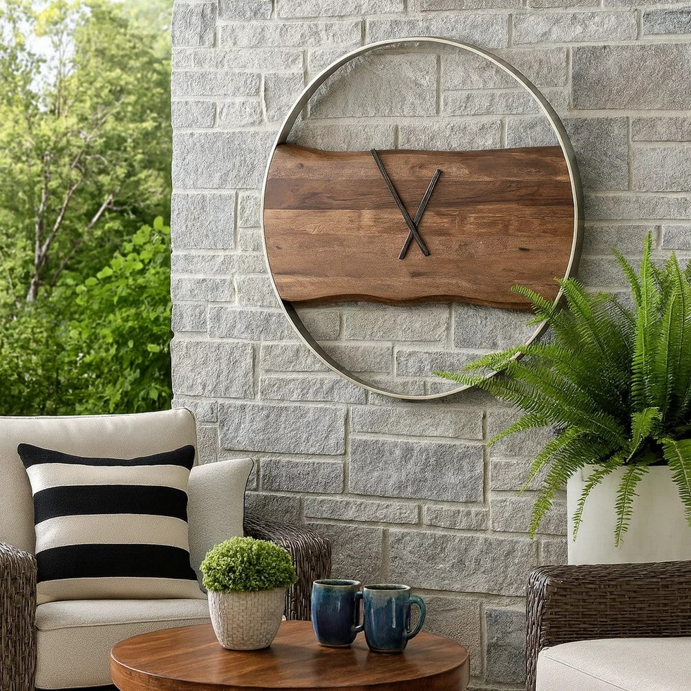 Wall Clock | 36" | Faux Live Edge Design | Brown & Silver