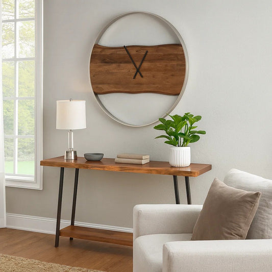 Wall Clock | 36" | Faux Live Edge Design | Brown & Silver