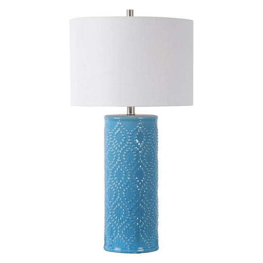 28 Inch 150W Ceramic Base Drum Shade Table Lamp, Blue By Casagear Home