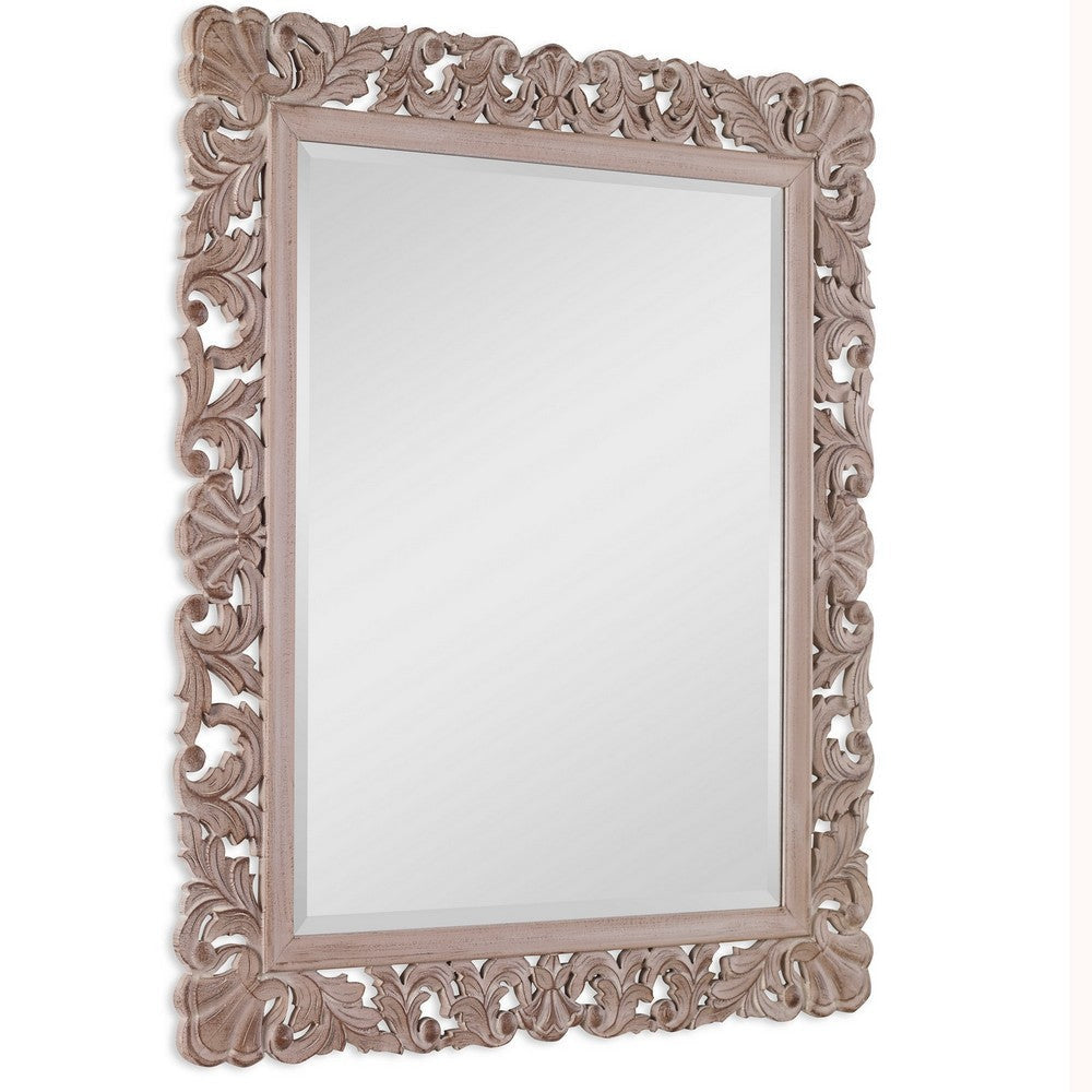 Rectangular Filigree Carved Wooden Frame Mirror Natural Brown By Casagear Home BM239288