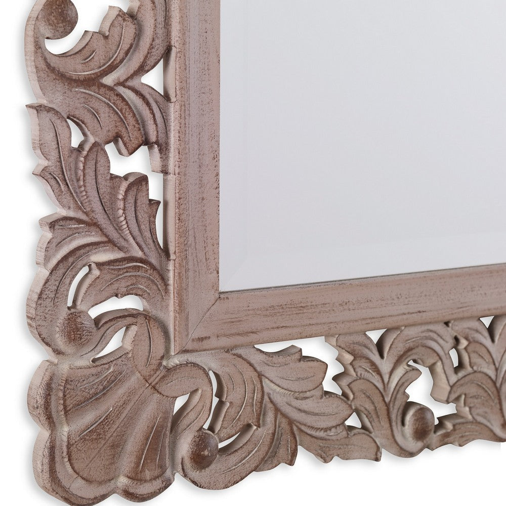 Rectangular Filigree Carved Wooden Frame Mirror Natural Brown By Casagear Home BM239288